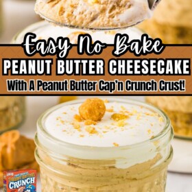 No Bake Peanut Butter Cheesecake in a mason jar with a spoon scooping up a bite.