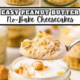 No Bake Peanut Butter Cheesecakes in mason jars with marshmallow fluff topping and a spoon scooping up a bite.