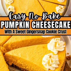 No Bake Pumpkin Cheesecake sliced into pieces with a pie server lifting up a slice.