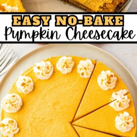 No Bake Pumpkin Cheesecake with whipped cream and crushed gingersnap cookies on top.