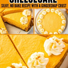 A No Bake Pumpkin Cheesecake sliced into pieces and served on a plate.