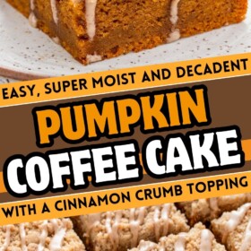 Pumpkin Coffee Cake sliced into squares and on a plate with a fork.