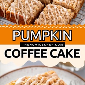 Pumpkin Coffee Cake sliced into squares and on a plate with a bite taken out of it.