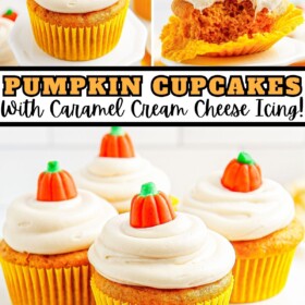 Pumpkin cupcakes with frosting and a candy pumpkin on top.