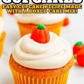 Easy pumpkin cupcakes made with a boxed cake mix with salted caramel cream cheese frosting.