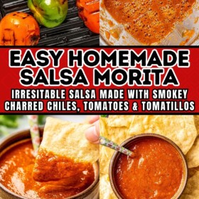 Charred chiles and tomatoes, salsa in a blender and a bowl of salsa morita with a tortilla chip taking a bite.