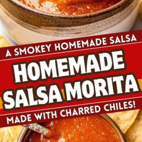 Salsa Morita in a bowl with a tortilla chip scooping up a serving.