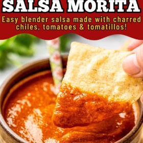 Salsa Morita in a bowl with a tortilla chip scooping up a bite.