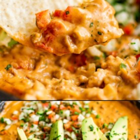 Taco Beer Cheese Dip with a tortilla chip scooping up a bite.