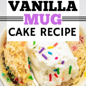 Vanilla Mug Cake in a mug with whipped cream on top.