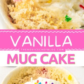 Vanilla Mug Cake with whipped cream and sprinkles.