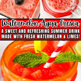 Watermelon Agua Fresca being made in a blender, poured into a pitcher and in a glass.