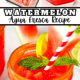 Watermelon Agua Fresca in a glass with a chamoy rim.