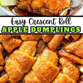 Crescent Roll Apple Dumplings in a baking dish and in a bowl with ice cream.