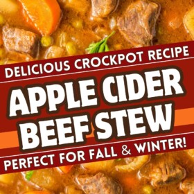 Apple cider beef stew with fresh herbs on top.