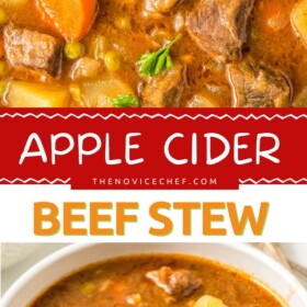 Slow cooker beef stew with apple cider in a crockpot and in a a bowl with fresh herbs on top.
