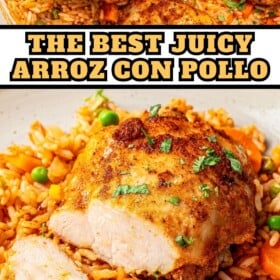 Chicken thigh over mexican rice with a fork and knife cutting the chicken to show the inside.