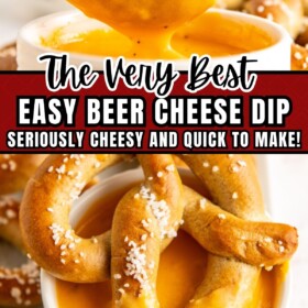 A soft pretzel being dunked into a bowl of beer cheese dip.