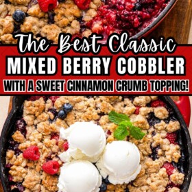 Mixed berry cobbler in a skillet with three scoops of vanilla ice cream on top.