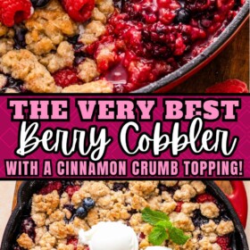 Berry cobbler in a skillet with three scoops of ice cream on top.