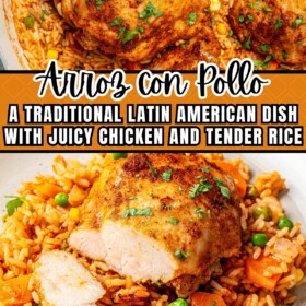 Arroz con pollo in a skillet and a fork taking a bite of chicken.