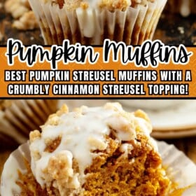 Pumpkin streusel muffins on a cutting board and a muffing with a bite taken out of it.
