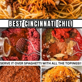 Cincinnati Chili being prepared in a sauce pot and served over spaghetti.