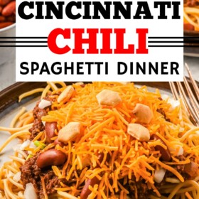Cincinnati Chili topped with all the toppings served over pasta.