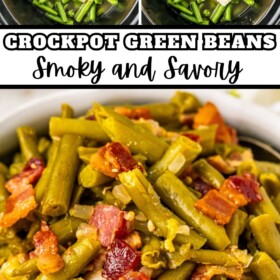 Fresh green beans in crock pot and then in a bowl with bacon on top.