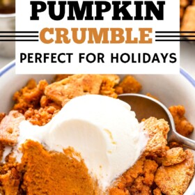 Crockpot pumpkin crumble in a bowl with a scoop of ice cream on top.