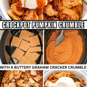 Pumpkin crumble being made in a crockpot and served in a bowl with ice cream.