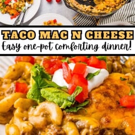 Taco Mac and cheese on a plate and in a skillet with all the toppings.