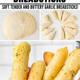 Breadsticks being prepared and in a basket.