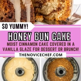 Honey bun cake being prepared and baked in a bundt pan and topped with vanilla glaze.