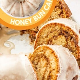 Honey bun cake sliced into pieces on a plate.