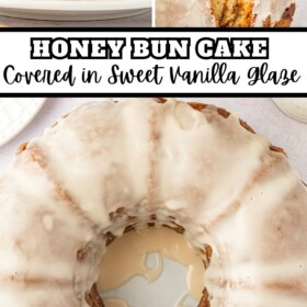 Honey bun cake being topped with vanilla icing and sliced on a plate.