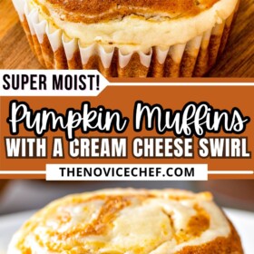 Pumpkin cream cheese swirl muffins on a plate and with the liner being removed.