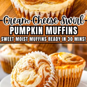 Pumpkin muffins swirled with cream cheese on a plate.