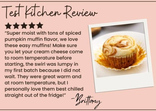 A 5-star review for Pumpkin Cream Cheese Muffins, shown next to a marbled muffin in a white wrapper on a plate. The review highlights the irresistible flavor and tender texture, plus shares a handy baking tip.