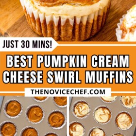 Pumpkin cream cheese muffins being prepared in a muffin tin and on a baked muffin on a wood board.
