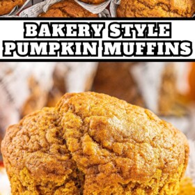 Pumpkin muffins on a cooling rack and on a plate with the muffin liner removed.