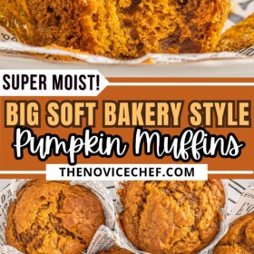 Pumpkin muffin on a plate with a bite taken out of it and overhead view of pumpkin muffins in a liner.