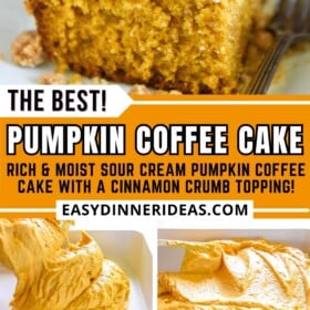 Pumpkin sour cream coffee cake being prepared in a bowl and crump topping being spread on top of the batter.