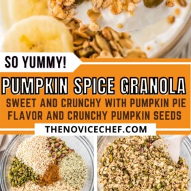Pumpkin spice granola being prepared on a sheet pan and then served in a bowl over yogurt.