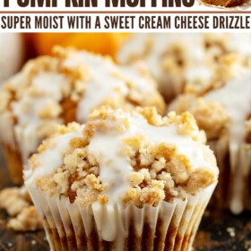 Pumpkin Streusel Muffins drizzled with cream cheese icing.