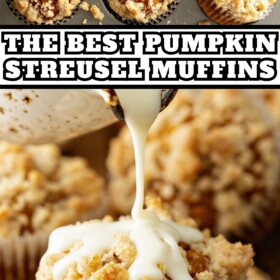 Pumpkin streusel muffins in a muffin liner and a pumpkin muffin being drizzled with cream cheese icing.