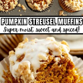 Pumpkin muffins in a muffin liner and a muffin with a bite taken out of it.