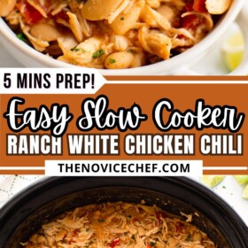 A bowl of crockpot white chicken chili and the white chili in a slow cooker with a ladle for serving.