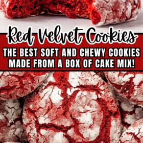 Red velvet crinkle cookies stacked on top of each other with a bite taken out of one cookie.
