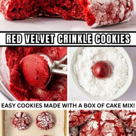 Red velvet cookie dough being prepared and scooped and baked into red velvet crinkle cookies.